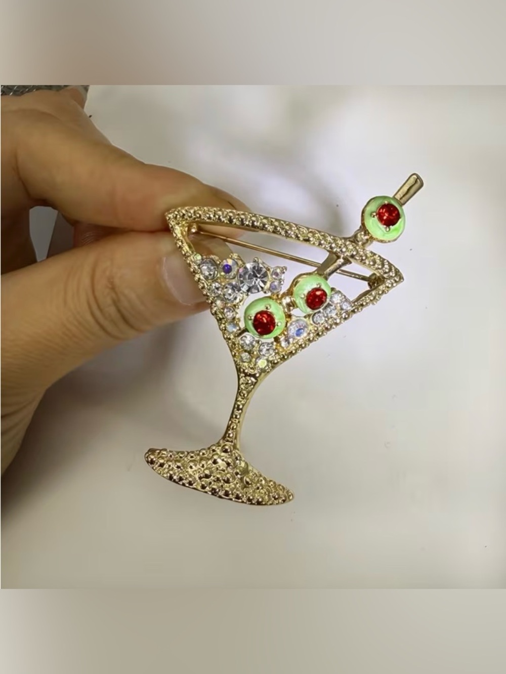 Golden Tone Martini Brooch Modern New with Olives